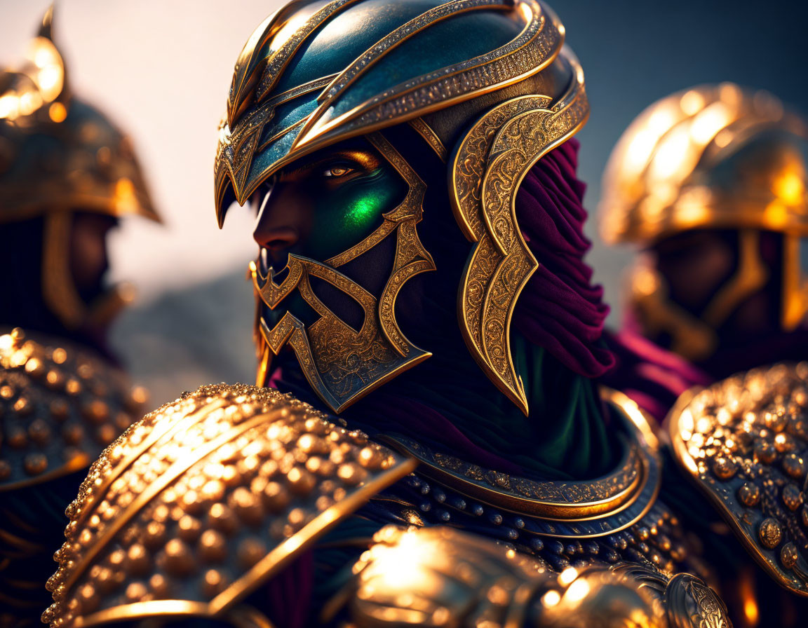 Ornate golden helmet and purple cloak of ancient warrior costume