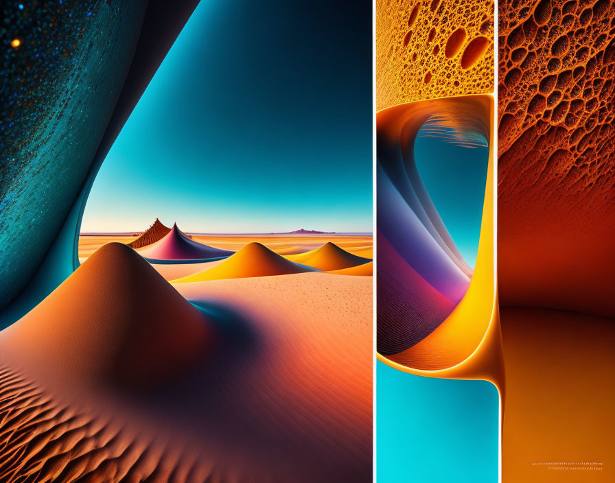 Vibrant abstract digital artworks: colors, desert dunes, cosmic themes, fluid shapes