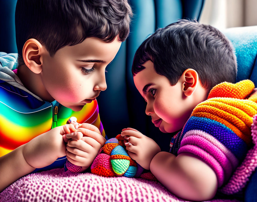 Children playing with colorful knitted toys on pink blanket.