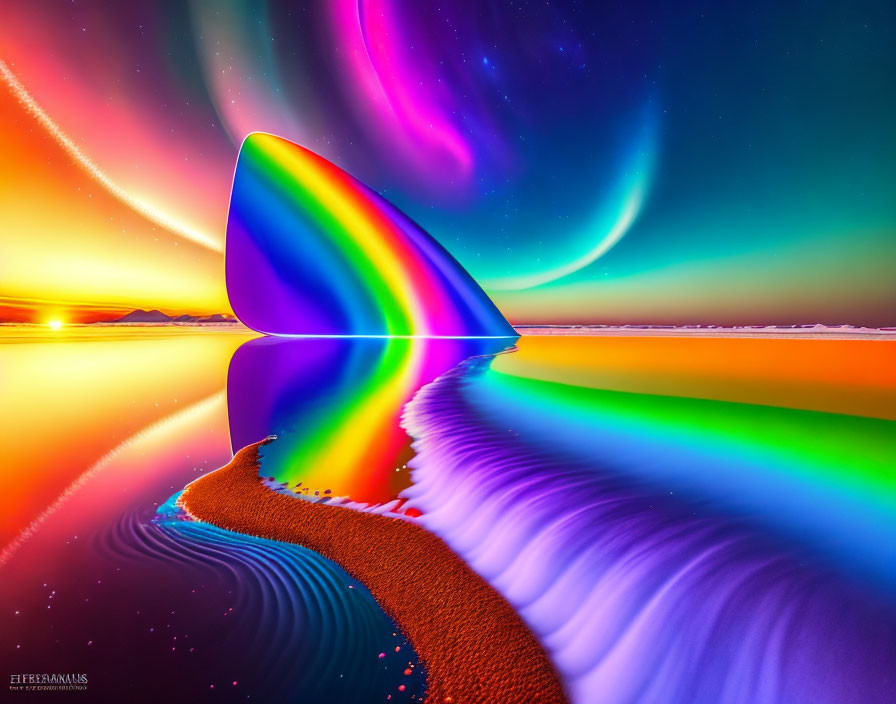 Colorful surreal landscape: Rainbow sailboat mirrored on water under vibrant aurora-lit sky