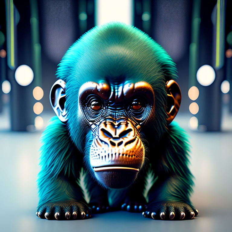 Colorful digital art: Chimpanzee with blue fur in futuristic setting