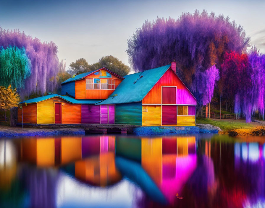 Colorful House Reflecting on Lake with Surreal Purple Trees