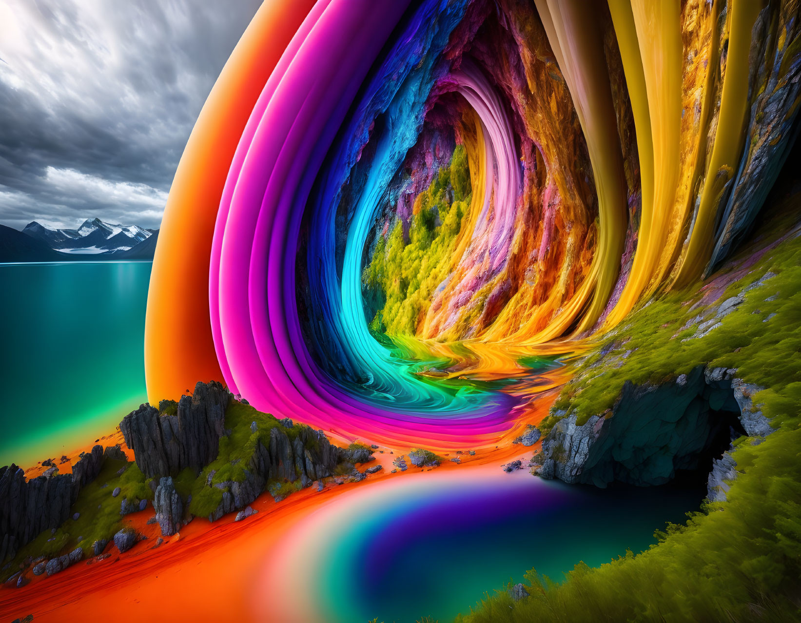 Colorful digital art: Tunnel over surreal landscape with mountains, water, and cave