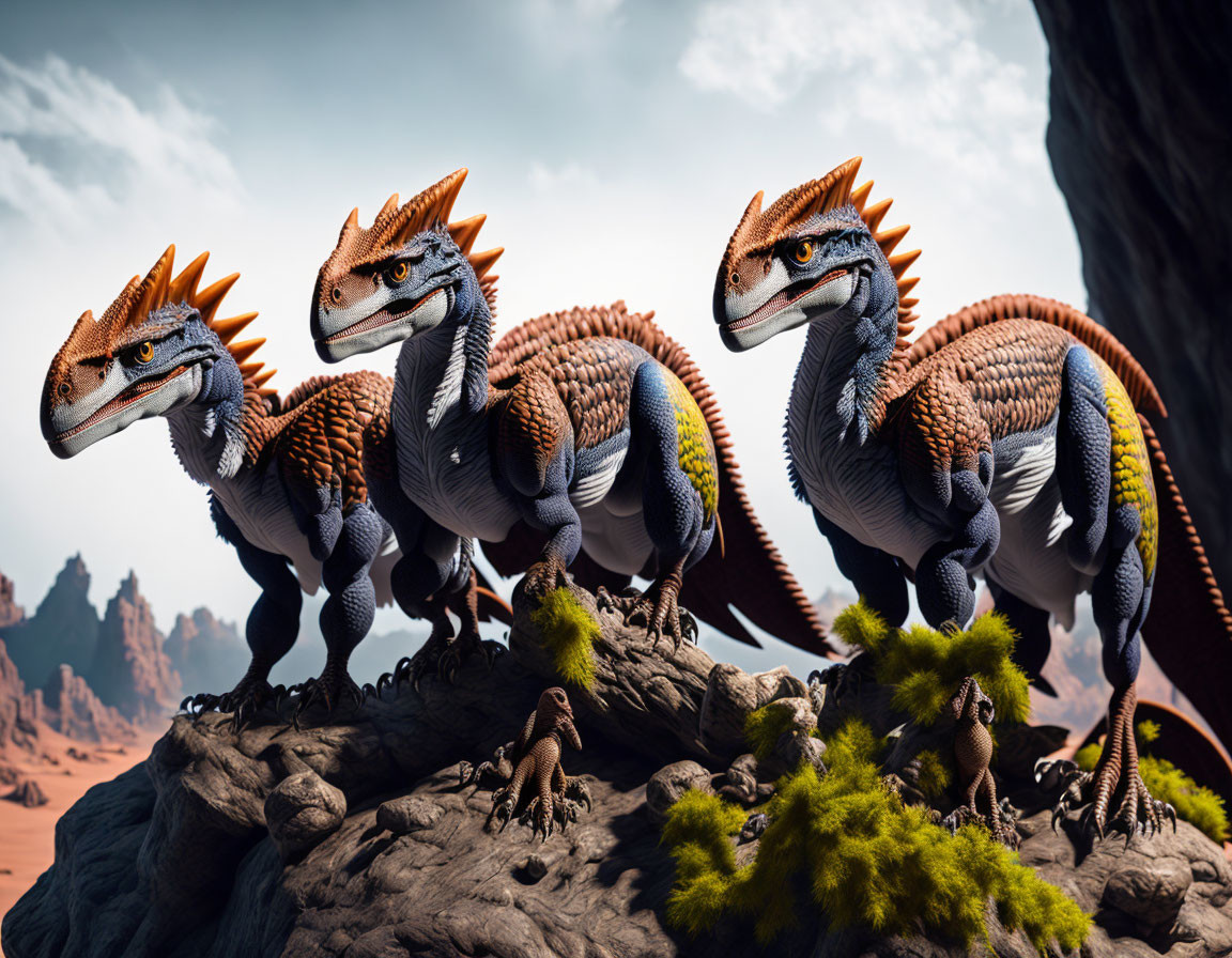 Realistic Orange and Blue Feathered Dinosaurs with Spiky Frills in Desert Setting