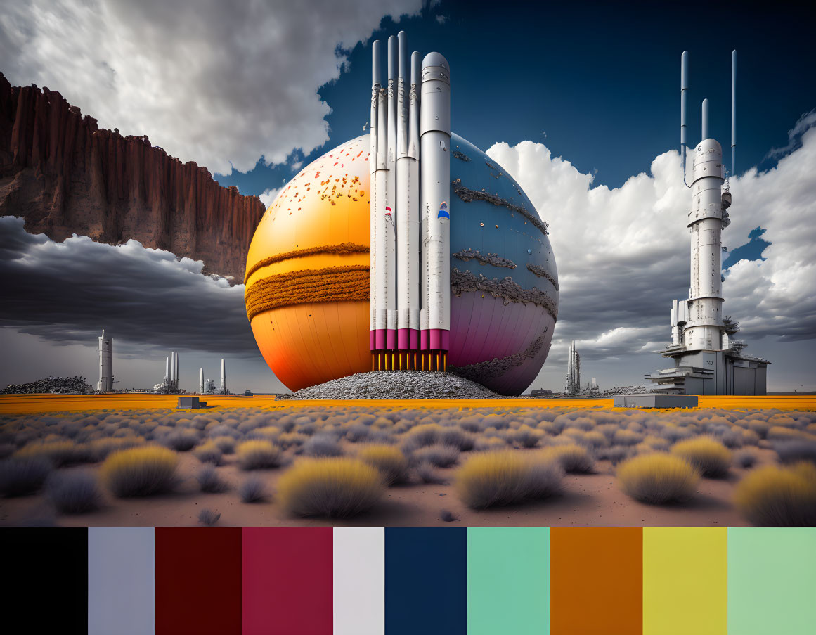 Futuristic landscape featuring giant burger-shaped structure and rocket towers under dramatic sky