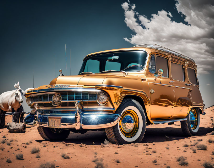 Vintage Golden Car with White-Wall Tires and Horse Sculpture in Desert Landscape