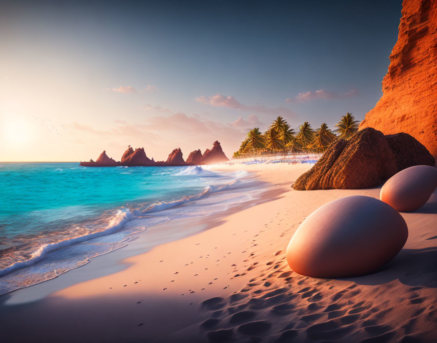 Tranquil Sunset Beach Scene with Eggs, Cliff, Palm Trees, and Turquoise Waters