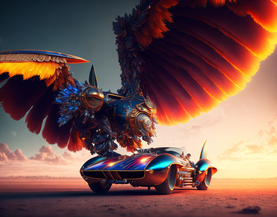 Colorful digital art: Owl flying over futuristic car at sunset