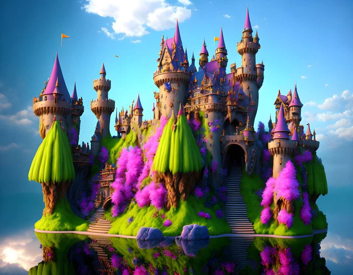 Fantastical castle with multiple turrets on lush islands under vivid blue sky