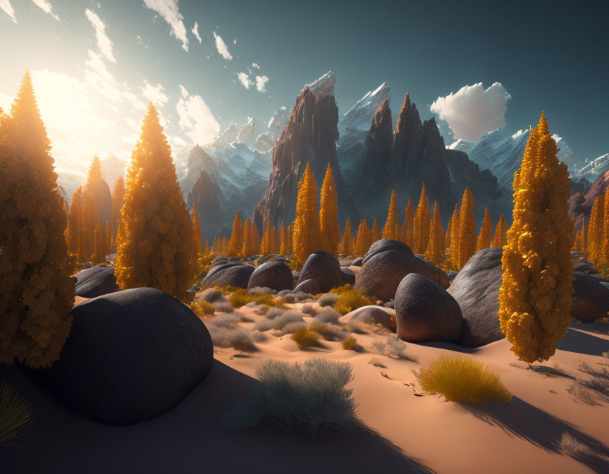 Golden trees, rocks, and towering mountains in serene landscape