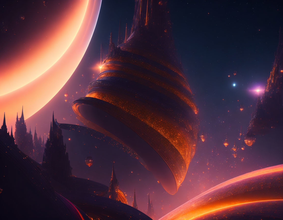 Vibrant cosmic scene with planets, futuristic architecture, and glowing orbs