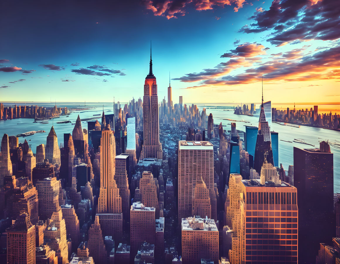 Panoramic Sunset View of New York City with Empire State Building