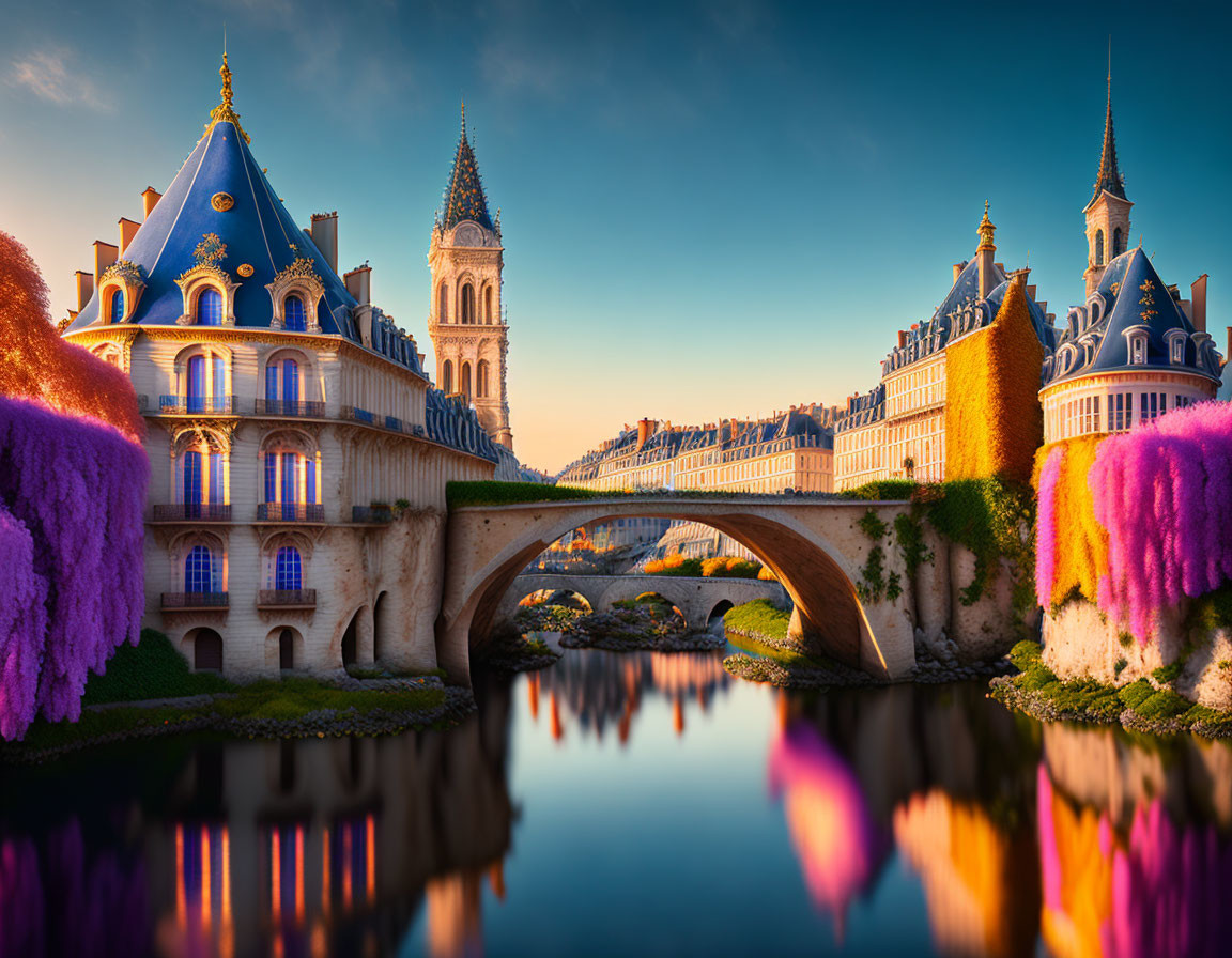 Grand chateau, arched bridge, river, colorful foliage, serene sky