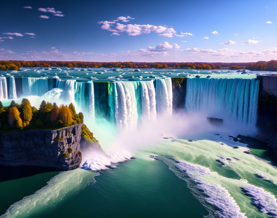 Panoramic view of Niagara Falls with vibrant blue water and autumn trees