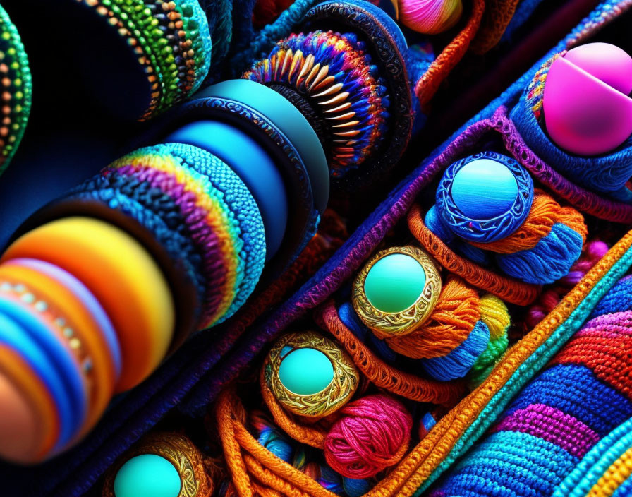 Colorful Close-Up of Vibrant Knitted Materials and Threads