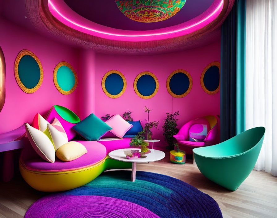 Colorful living room with pink walls, round windows, eclectic decor, and intricate ceiling design