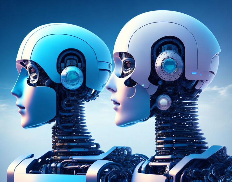 Detailed humanoid robot heads on blue background with intricate mechanical internals