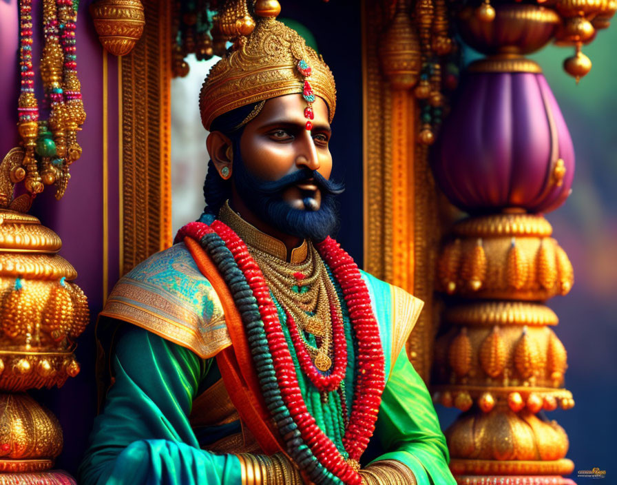 Regal man in traditional Indian royal attire with beard and jewelry against golden pillars