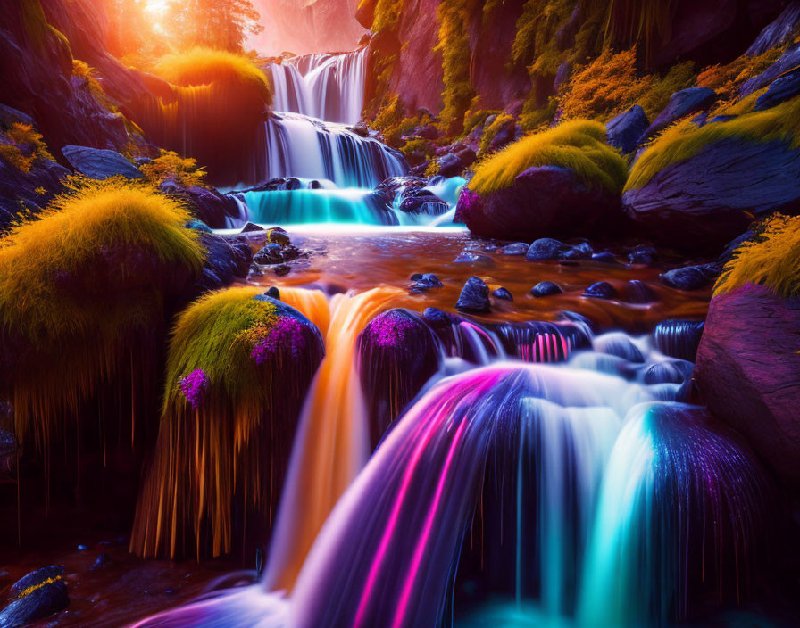 Colorful waterfall and surreal landscape in vibrant artwork