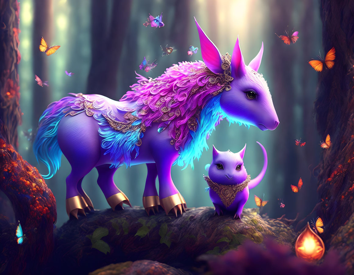 Stylized purple and blue goats with golden hooves in mystical forest