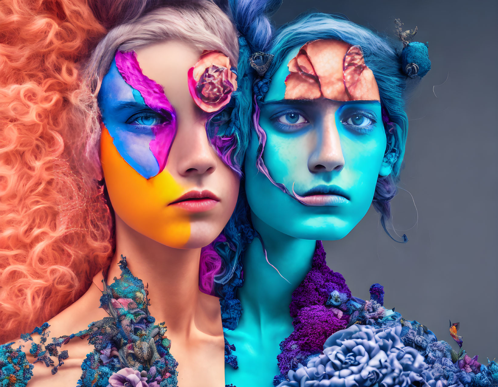 Colorful artistic makeup on two women with floral decorations: one in blue tones, the other in yellow