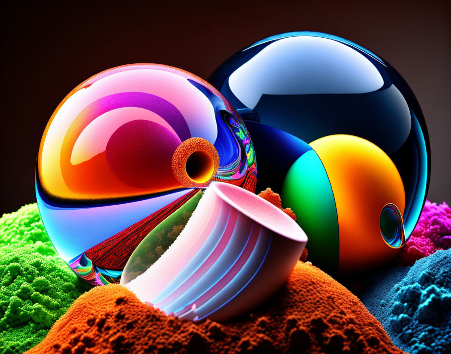 Vibrant glossy spheres on textured multicolored background