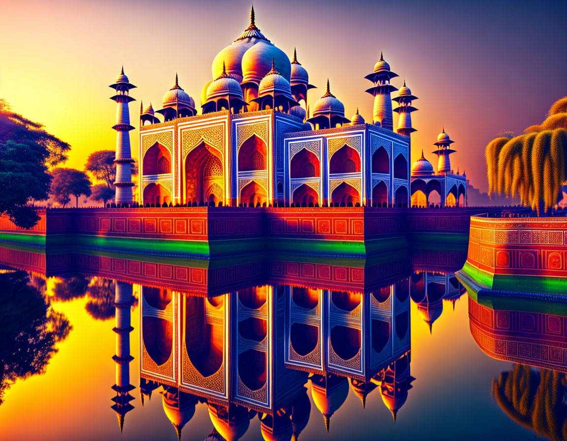 Colorful Taj Mahal-inspired structure reflected on water at sunset with stylized trees