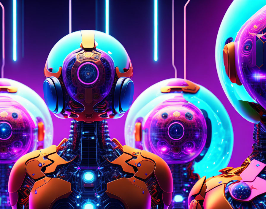 Futuristic robots with spherical heads in neon-lit cybernetic scene