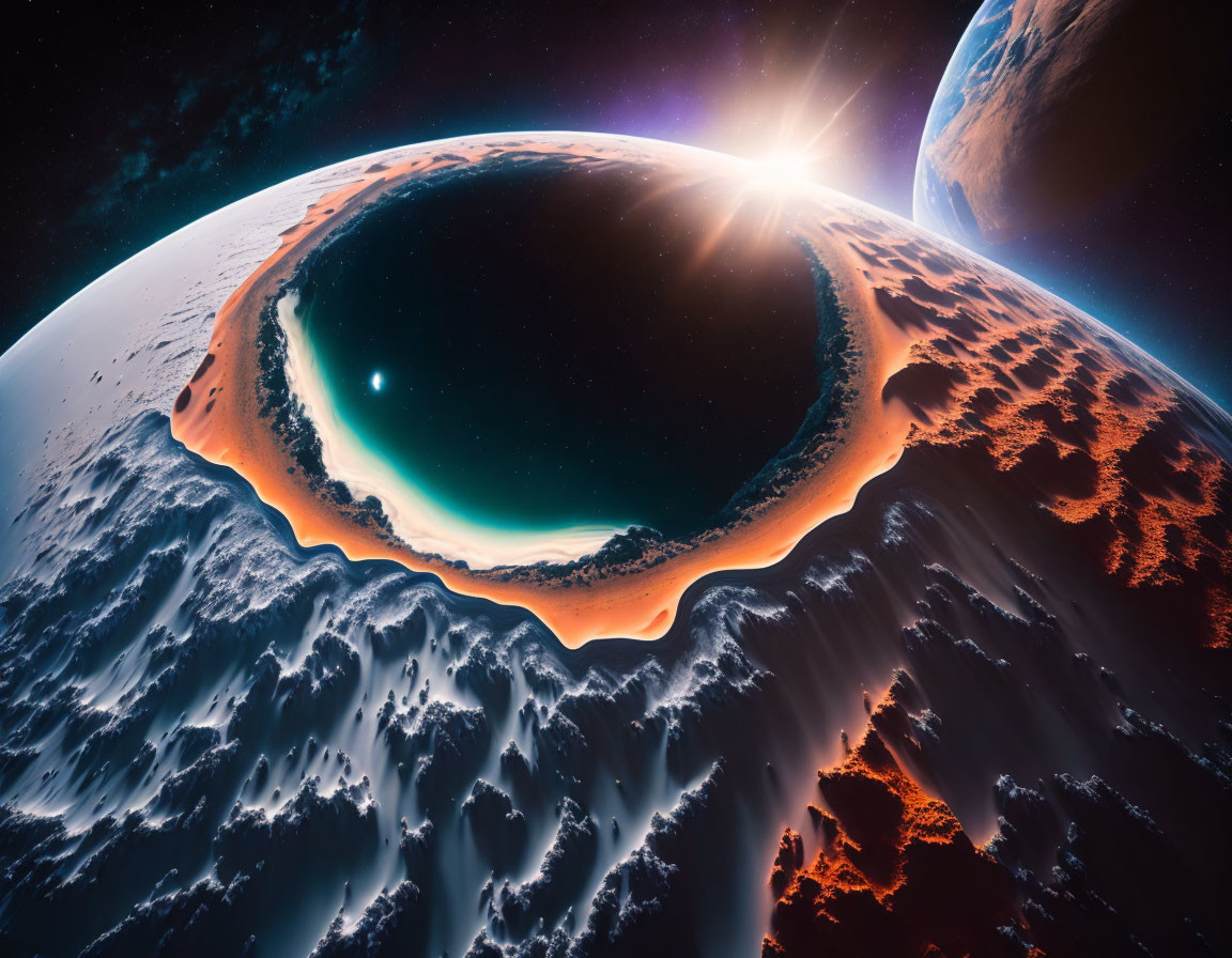 Surreal space scene: star over planet horizon with glowing crater