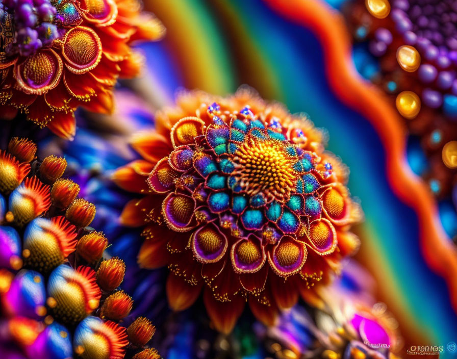 Colorful floral patterns in red, orange, and blue with soft-focus background