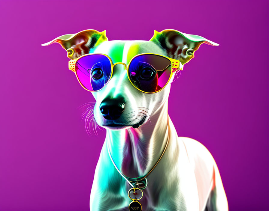 Vibrant dog illustration with rainbow sunglasses on purple background