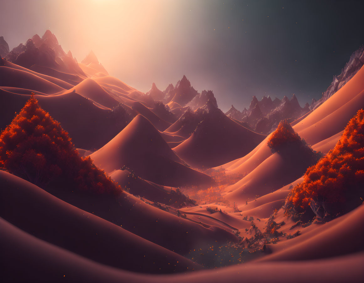 Sunlit sand dunes, autumnal trees, sharp peaks in serene landscape