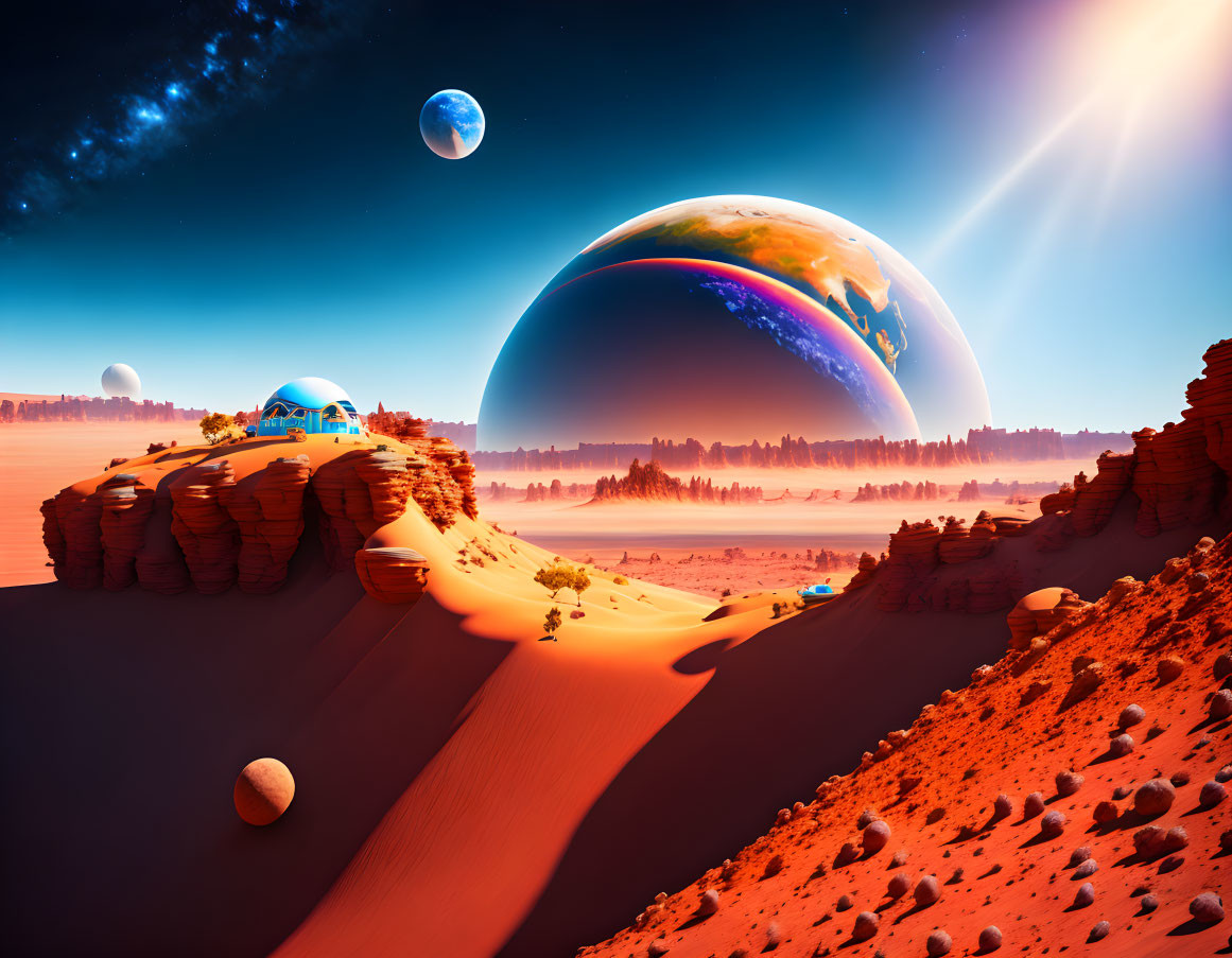 Sci-fi desert landscape with Earth-like planet, moons, sunburst & futuristic structure