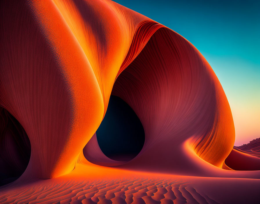 Vibrant orange and red sand dunes with large arch under clear sky at dusk or dawn