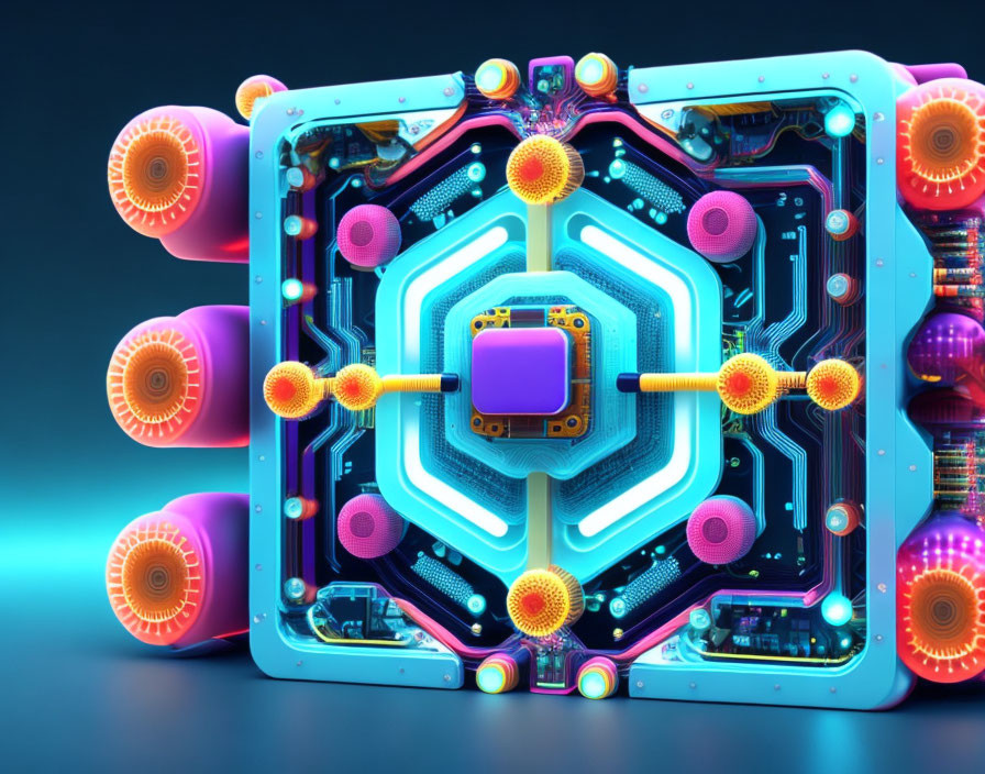 Colorful 3D illustration of futuristic motherboard with CPU and neon circuits