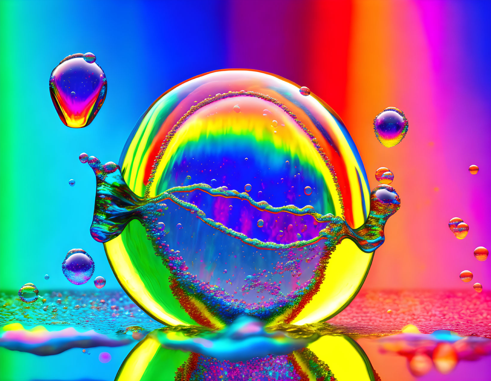 Colorful Backdrop with Translucent Sphere and Water Drops Reflections