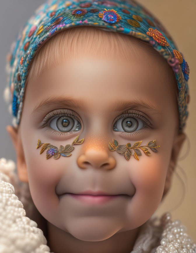 Toddler with expressive eyes in colorful headband smiles gently.