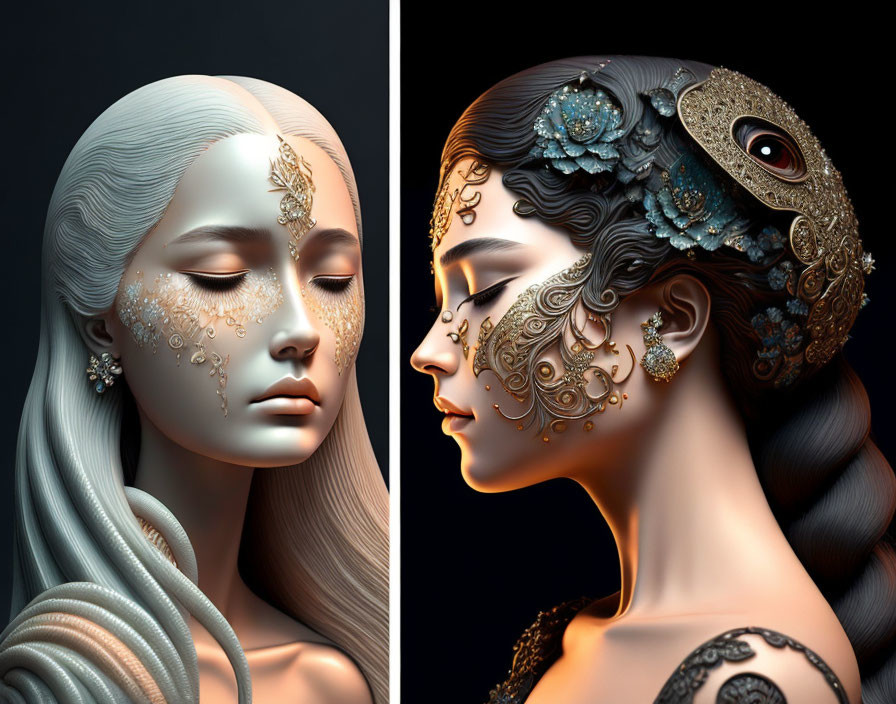 Stylized digital portraits of women with ornamental headdresses in light and dark tones.