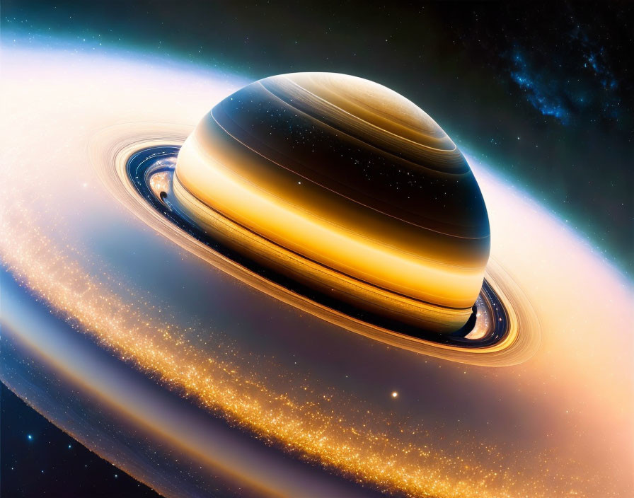 Saturn with prominent rings in golden hues against starry space.