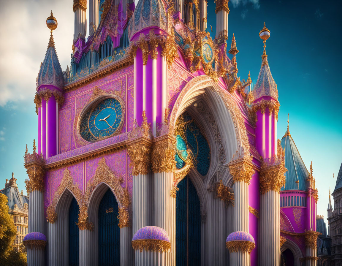 Fantastical castle with purple spires and gold details under blue sky