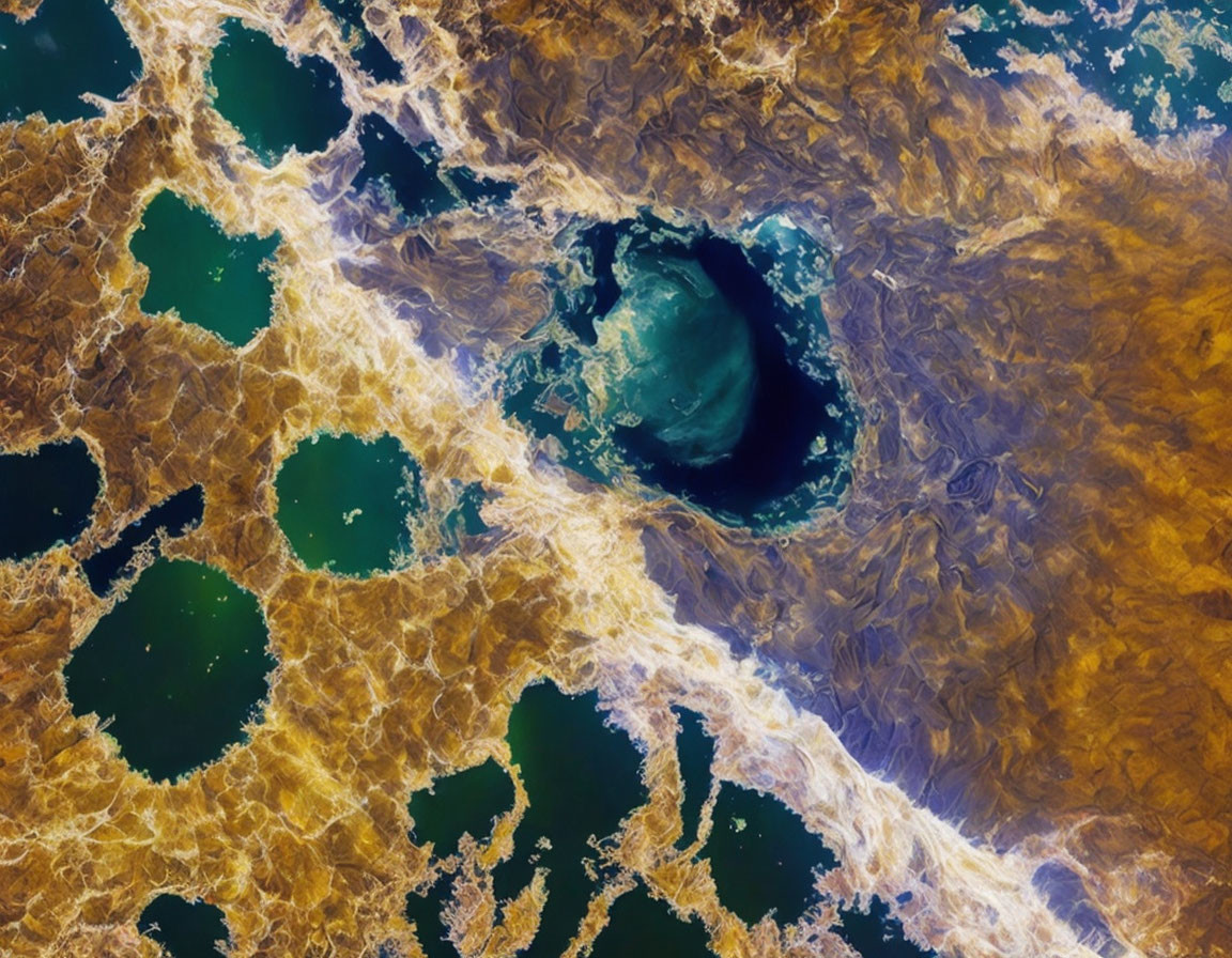 Vibrant Aerial View of Geological Formations and Water Bodies