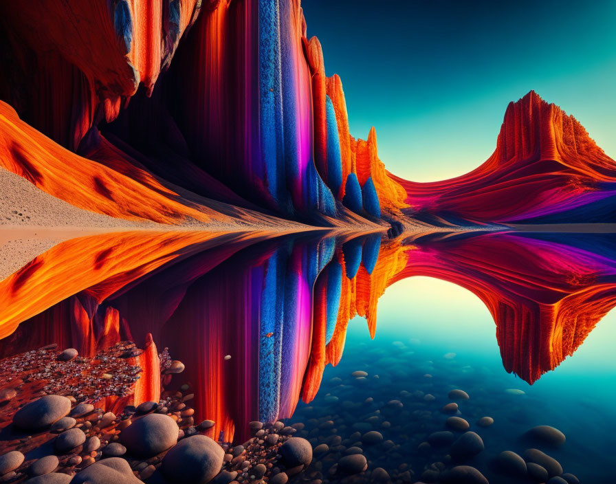 Colorful striated rock formations mirrored in vibrant water under blue sky