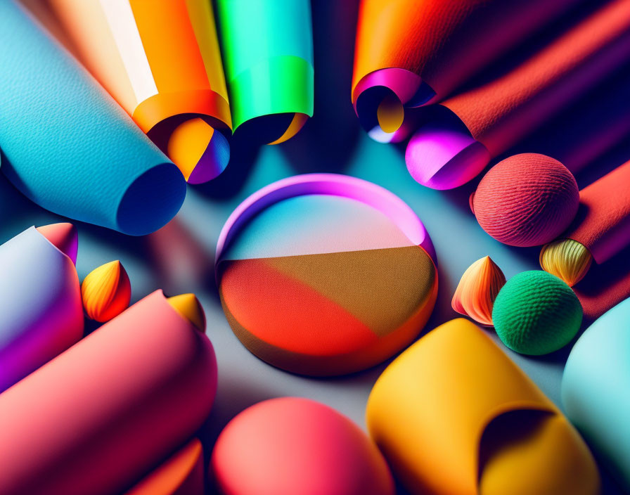 Colorful paper rolls and shapes on shadowed background: Abstract art with vibrant hues.