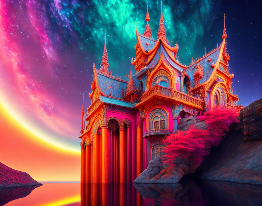 Colorful fantasy temple against surreal pink-blue sky.