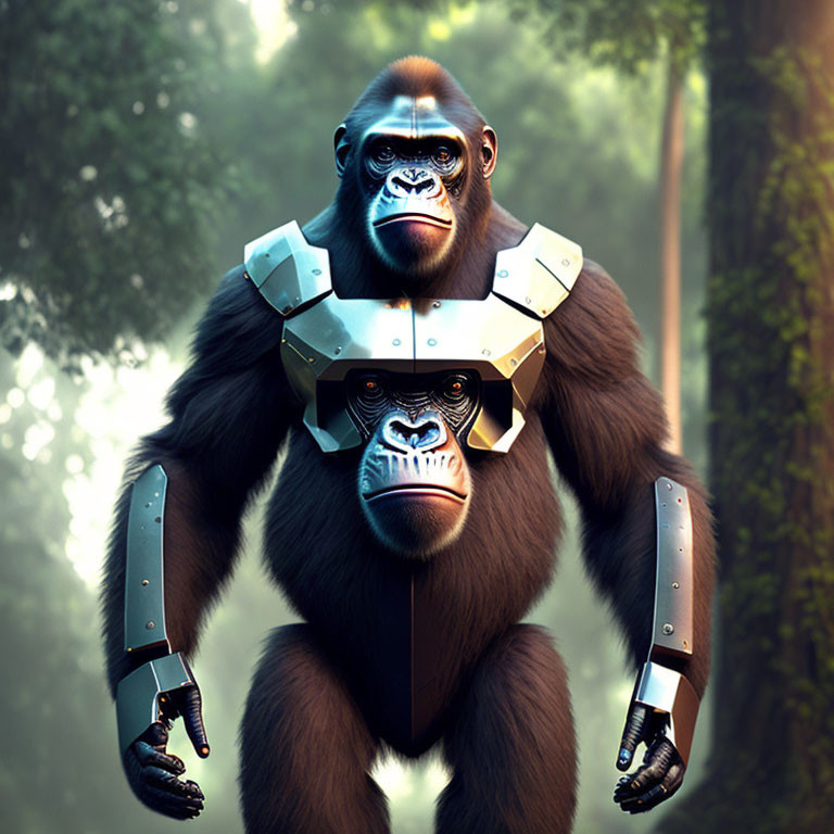 Cybernetically Enhanced Gorilla with Metallic Limbs and Armor in Misty Forest