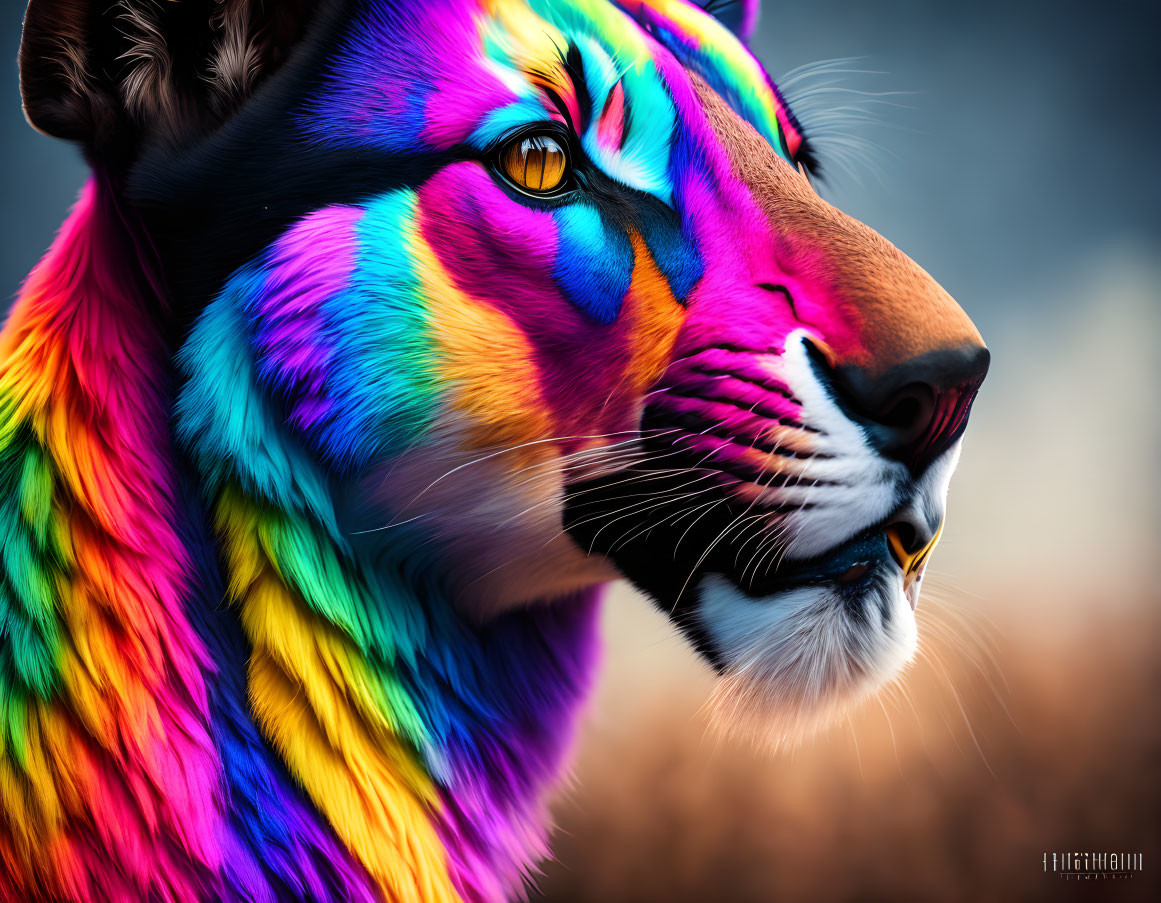 Colorful Lion Digital Art with Rainbow Mane and Soft Background