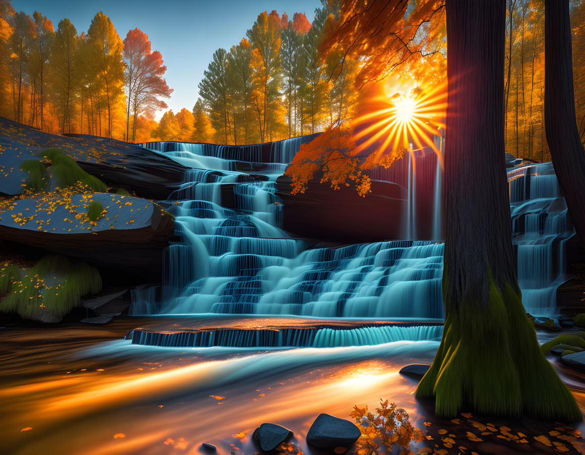 Autumn trees and cascading waterfall with sunbeams in nature.