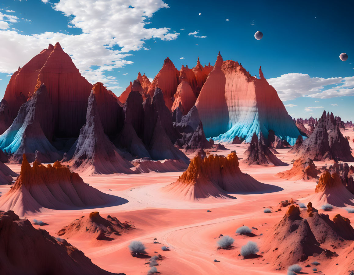 Vibrant red and orange sand formations with blue shaded peaks under a sky with multiple large planets visible