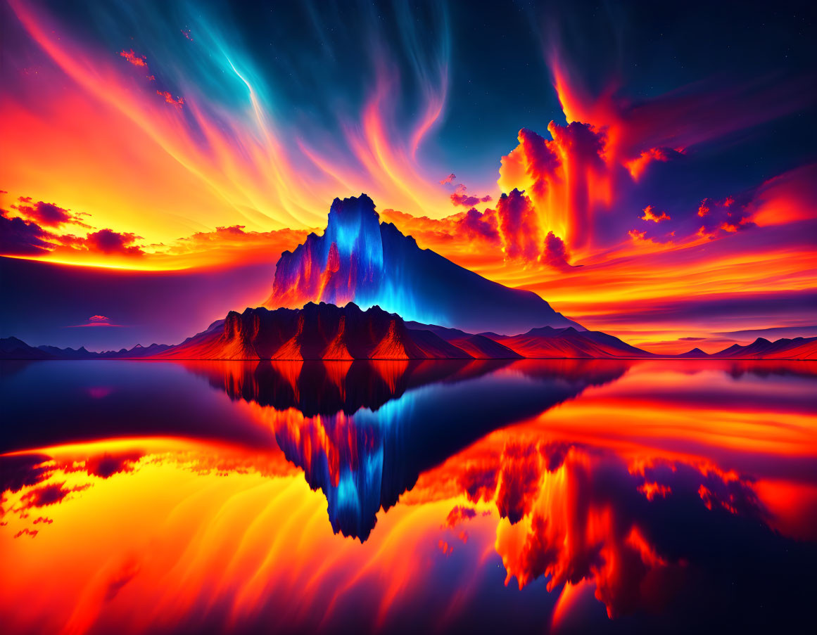 Colorful surreal landscape with mountain reflection in water at sunrise or sunset