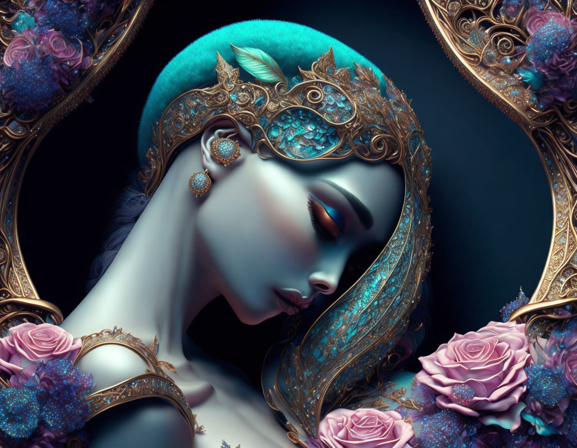 Ethereal portrait of a woman with blue skin and golden headpiece among roses